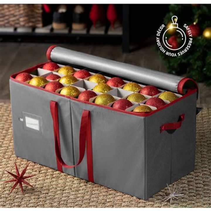 ZOBER Christmas Ornament Storage Box - Stores 80 Ornaments W/Dividers - Christmas Ornament, Figurines, and Accessory Storage Containers - Side Pocket, Card Slot, Durable - Red